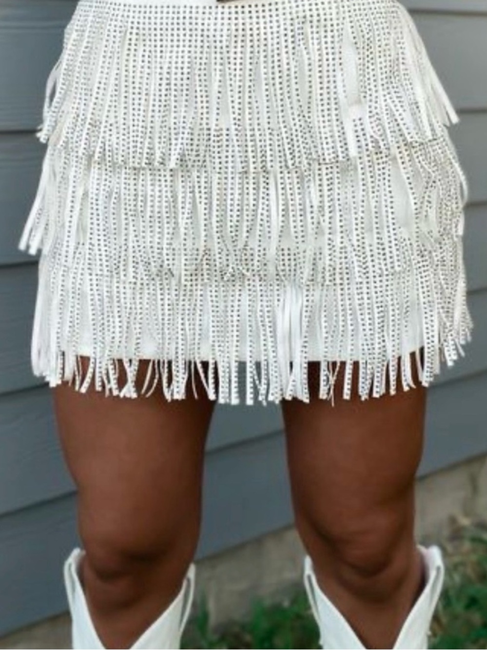 Blue B Collection White Fringe Mini Skirt Tiered Studded Gold Texture Large